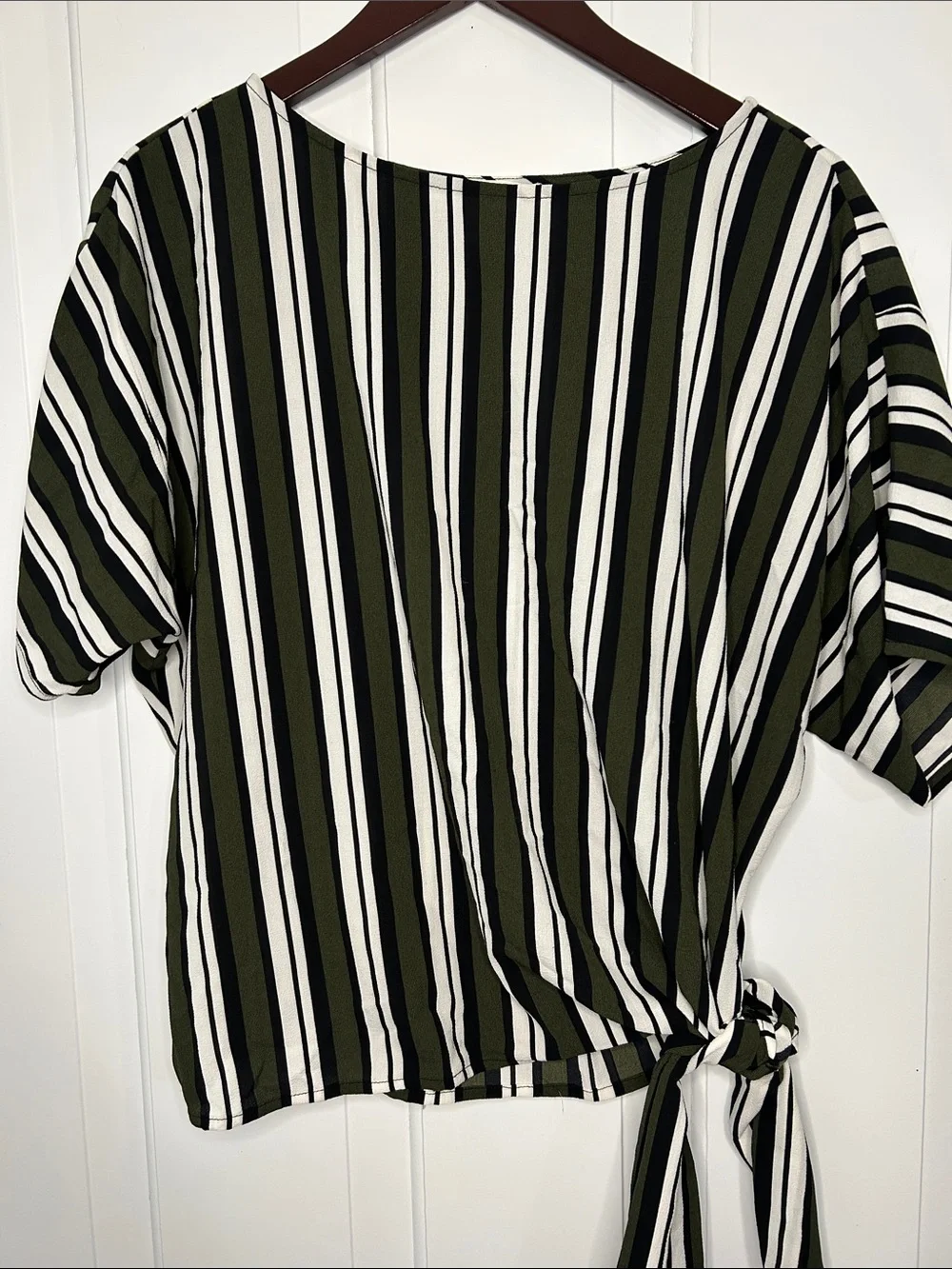 Michael Kors Olive Green Black and White Striped Tie-Front Short Sleeve Top